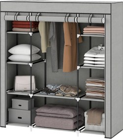 Guarda roupa dobrável em tecido, com barra para pendurar roupa e prateleiras, 150 x 43 x 162,5 cm, cinzento claro