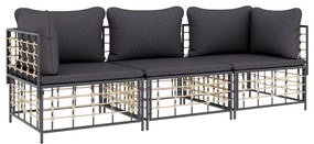 3 pcs conjunto lounge de jardim c/ almofadões vime PE antracite