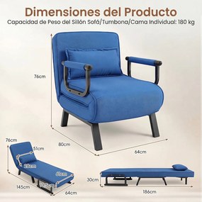 Sofá-Cama Individual Convertível, 186 x 64 cm, Encosto Ajustável em 6 Níveis, Azul