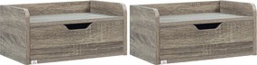 Conjunto de 2 mesas de cabeceira de parede, suspensas, com gaveta e tampo com acabamento em madeira;  40 x 30 x 19,5 cm – cinzento
