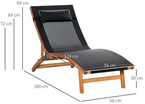 Espreguiçadeira de Jardim com Altura do Encosto Ajustável Apoio para a Cabeça Removível e Estrutura de Madeira Ergonómica para Terraço Praia Exterior