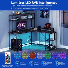 Mesa com luzes LED e tomadas elétricas, escritório moderno, prateleiras abertas, 2 gavetas, armário, suporte para CPU, bolso, preto