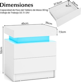 Mesa de cabeceira com luzes LED, 2 gavetas de arrumação, acabamento brilhante e textura de mármore branca