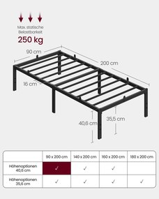 Estrutura de cama em metal 200 x 90 x 40,6 cm (COLCHÃO NÃO INCLUIDO) com espaço de arrumação e design moderno Preta