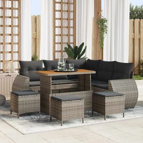 Conjunto de Sofás de Jardim de 9 peças com Almofadas Cinza Rattan Poliacrílico