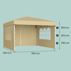 Tenda dobrável de 3 x 3 m, com paredes laterais, resistente, pavilhão para jardim bege