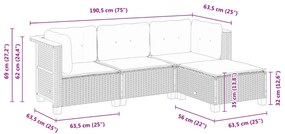 4 pcs conjunto sofás de jardim c/ almofadões vime PE cinzento