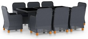 9 pcs conj. jantar exterior c/ almofadões vime PE cinza-escuro