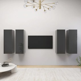 vidaXL Móveis de TV 4 pcs 30,5x30x90 cm contraplacado cinza brilhante