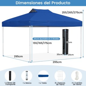 Tenda dobrável 295 x 295 cm para jardim, feiras, eventos com bolsa de transporte teto ventilado Azul