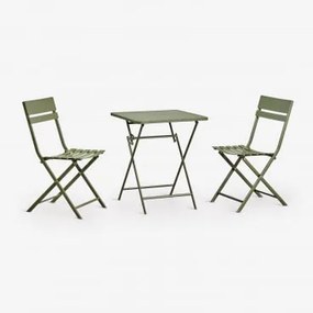 Conjunto De Mesa Quadrada 60x60 Cm Dobrável E 2 Cadeiras De Jardim Em Aço Tamarit Verde Azeitona Intenso - Sklum