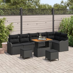 Conjunto de Sofá de Jardim vidaXL de 9 Peças com Almofadas Preto Rattan Poliéster Acácia
