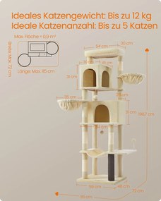 Arranhador gatos com 59 x 48 x 190 cm, com 2 cavidades e 2 recantos para descansar, cor bege areia