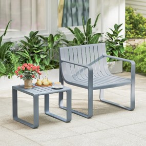 Conjunto de móveis de jardim de 2 peças Cadeira PP com mesa e cadeira de ripas Bistro para alpendre e jardim Cinzento