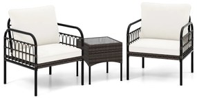 Conjunto de móveis jardim de vime de rattan de 3 peças com cadeiras almofadadas Mesa de centro de vidro temperado para varanda, pátio e pátio preto e