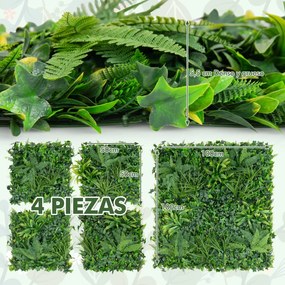 Conjunto 4 peças de painéis de sebes artificial 50 x 50 cm com várias folhas Painel de parede de relva de proteção solar para interior e exterior Verd