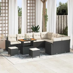 Conjunto de 12 Peças de Sofás de Jardim com Almofadas Preto Rattan Sintético Acácia
