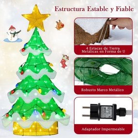 Árvore de Natal Iluminada 130 cm em Malha 3D Exterior Interior de Morango Luzes LED Verdes e Amarelas Moldura Metálica Verde