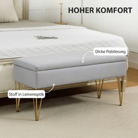Banco para o Pé da Cama Estofado em Tecido Sintético com Pernas de Aço e Assento Acolchoado Cinzento Claro