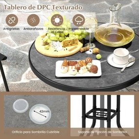 Conjunto de móveis jardim 3 peças 2 bancos de bar dobráveis com guarda-sol, mesa de orifício e escabelo para pátio exterior preto