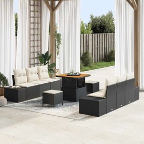 Conjunto de Sofá de Jardim vidaXL 9 Peças com Almofadas Preto Vime Sintético Acácia