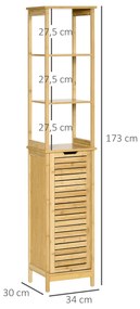kleankin Coluna Casa de Banho de Bambú Coluna Alta para Casa de Banho com 3 Prateleiras e 1 Porta Móvel de Armazenamento para Sala de Estar Cozinha 34x30x173cm Natural