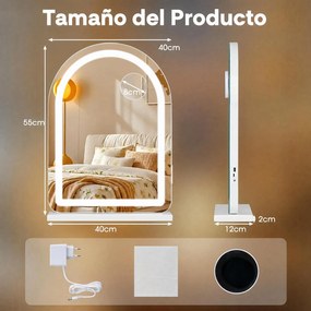 Espelho de Maquilhagem, 40 x 12 x 55 cm, Luz LED de Três Cores Regulável, Branco