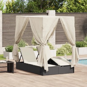 Chaise Longue Dupla vidaXL com Teto e Cortinas Rattan Preto