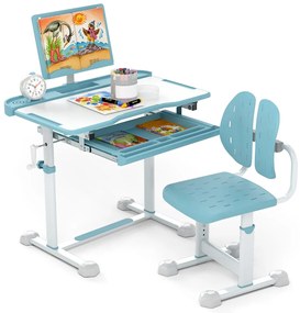 Conjunto de secretária e cadeira para crianças com altura ajustável, tampo inclinável, porta-copos, gaveta e cadeira ergonómica Azul