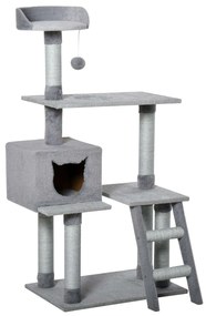 PawHut Árvore Arranhadora para Gatos Torre de Escalada com Plataformas Escada Caverna Postes de Juta e Bola Suspensa 60,5x40x124cm