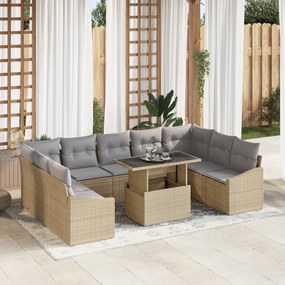 Conjunto de Sofá de Jardim de 10 Peças com Almofadas Bege em Rattan