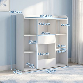 Móvel de arrumação infantil, estante infantil com 8 compartimentos e prateleira superior, 104 x 29 x 101,5 cm, branco