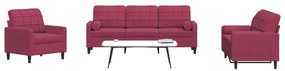 3pcs conjunto sofás c/ almofadões e rolos veludo vermelho tinto