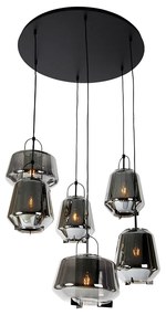 Candeeiro suspenso art déco preto com vidro fumê 6 luzes - Kevin Art Deco