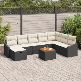 Conjunto de Sofá de Jardim 9 Peças com Almofadas Preto Rattan Poliéste