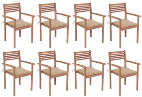 vidaXL Cadeiras de jardim empilháveis c/ almofadões 8 pcs teca maciça