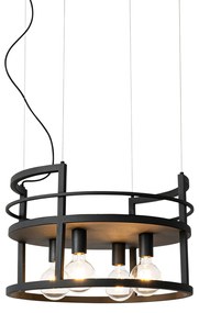 Candeeiro suspenso industrial preto com rack redondo 4 luzes - Cage Rack Industrial