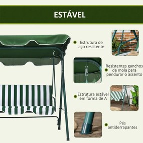 Baloiço de Jardim de 3 Lugares com Almofada e Toldo Ajustável - Verde