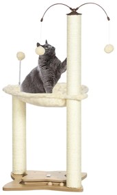 PawHut Árvore Arranhador para Gatos com Rede Postes de Sisal Altura 90cm Torre para Gatos com Bolas Suspensas Giratórias e Múltiplos Jogos 53,5x53,5x90cm Bege