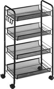 Carrinho Auxiliar com Rodas Carrinho de Cozinha de 4 Níveis Carrinho de Armazenamento com 4 Ganchos 45x26,5x84 cm Preto