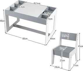 Conjunto Mesa multifuncional infantil com 2 cadeiras e tampo duplo com quadro negro e compartimentos removíveis cinza e branco