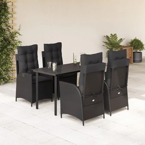 5 pcs conjunto de jantar p/ jardim c/ almofadões vime PE preto