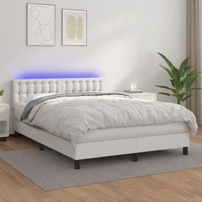 Cama box spring c/colchão/LED 140x200cm couro artificial branco