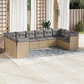 10 pcs conjunto de sofás p/ jardim com almofadões vime PE bege