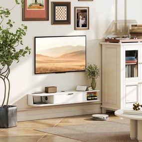 Móvel de TV suspenso, móvel para televisores até 50 polegadas, com gaveta rebatível e 2 prateleiras, 120 x 24 x 16 cm, branco