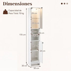 Armário de Casa de Banho Alto e Estreito, 30 x 30 x 170 cm, Luz LED Regulável com Comando à Distância, Branco