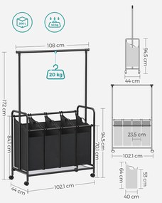 Cesto para roupa suja 4 x 50 litros com Rodas e saco para roupa suja amovível preto