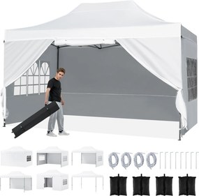 Tenda dobrável 431 x 291 cm, pop-up com 4 paredes amovíveis, altura ajustável, 4 x Sacos de areia, saco de transporte, rodas, impermeável, para pátio,