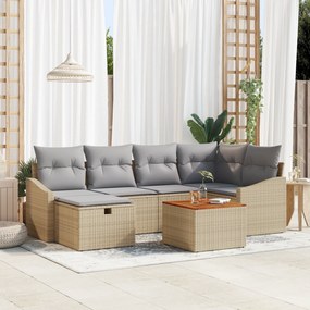 Conjunto de Sofás de Jardim de 7 Peças com Almofadas Bege Rattan Polié