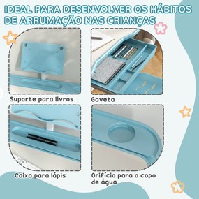 Conjunto de Secretária e Cadeira para Crianças com Altura Ajustável e Ângulo da Mesa Ajustável 80x49,5x82-104 cm Azul